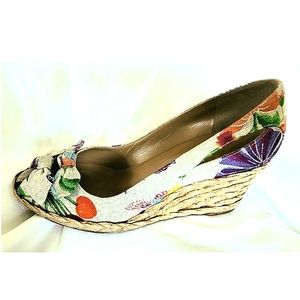 Stuart Weitzman Peep Toe Canvas Espadrille Wedges, Floral, Size 8.5